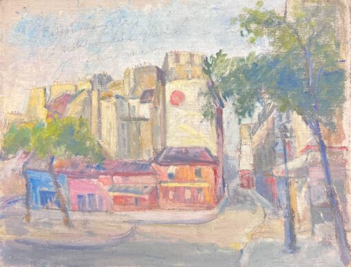 Colourful Cityscape Town Corner with Trees Vibrant Oil Painting
