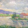 Riverside Village with Distant Hills Tranquil Landscape Oil Painting