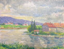 Riverside Village with Distant Hills Tranquil Landscape Oil Painting