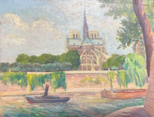 Parisian View of Notre Dame from the Seine Vibrant Oil Painting