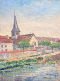 Charming Village by the River Bank Scene Oil Painting