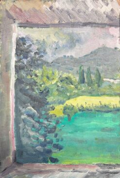 Window View of Verdant Landscape Expressive Oil Painting