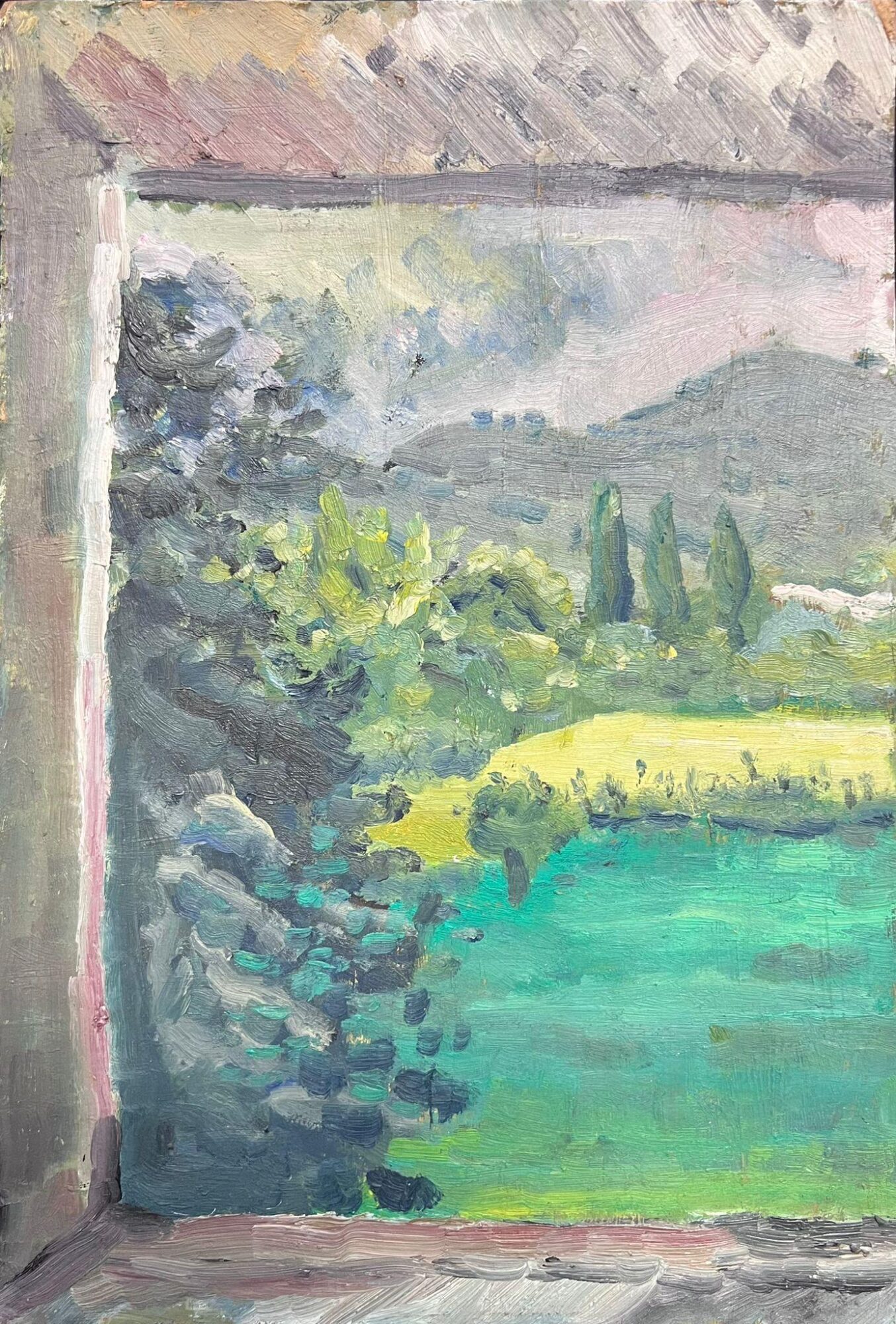 Window View of Verdant Landscape Expressive Oil Painting