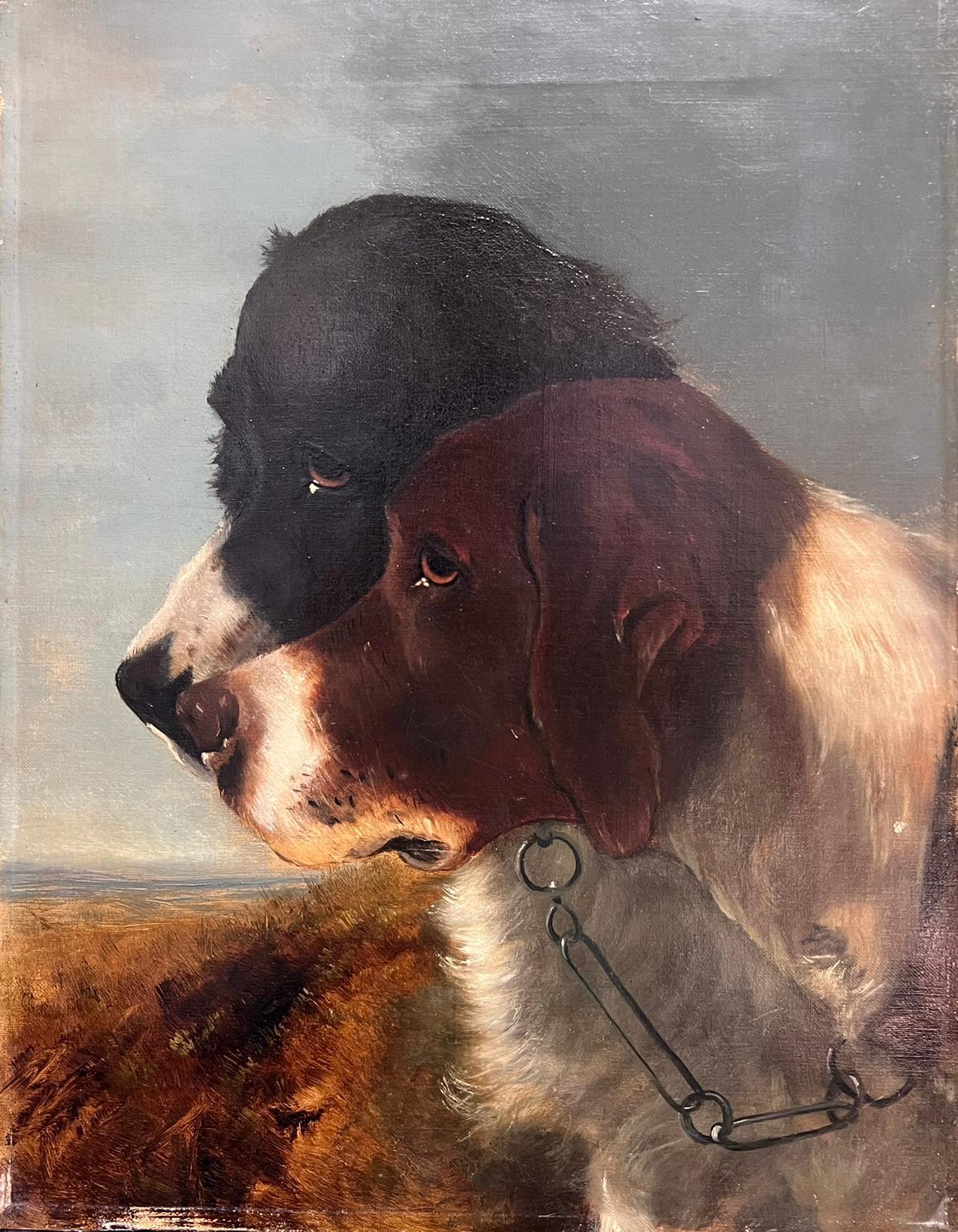 1800-1899 English Victorian Portrait of Two Dogs in a Field Oil Painting