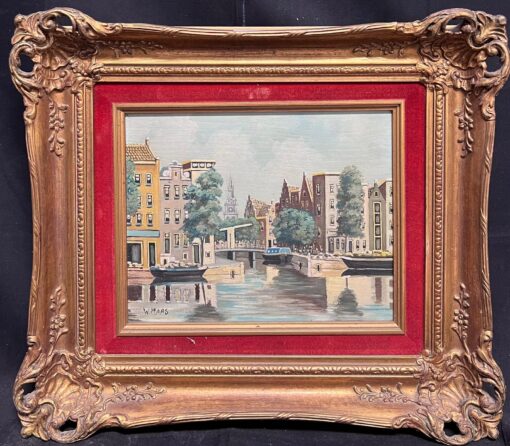 Canal View in Amsterdam Tranquil Cityscape Dutch School signed Oil Painting