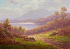 Tranquil Highland Landscape Sheep Grazing by the Loch Antique British Painting