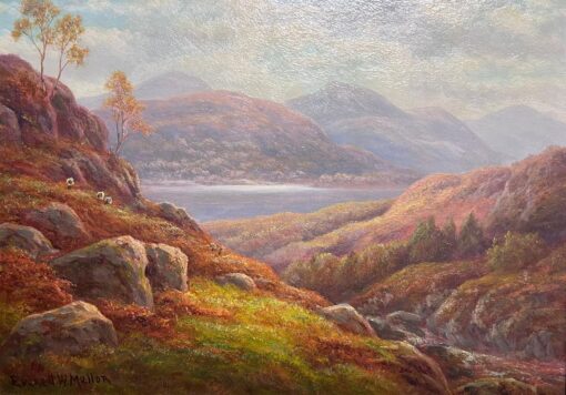 Antique Scottish Oil Autumn Highlands Tranquil Landscape with Sheep Oil Painting