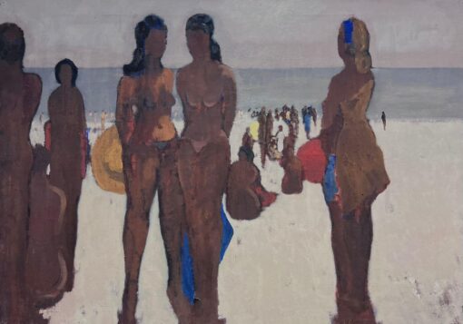 Large 1900-1999 French Modernist Oil Painting Sunbathing Figures on Beach