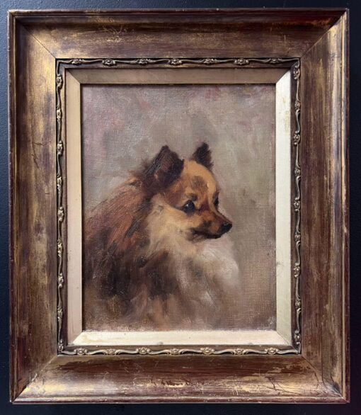 Antique English Oil Painting Portrait of Pomeranian Dog 1800-1899 framed