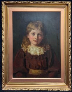 Antique English Oil Painting c. 1900's Portrait of Auburn Hair Girl in Red Dress