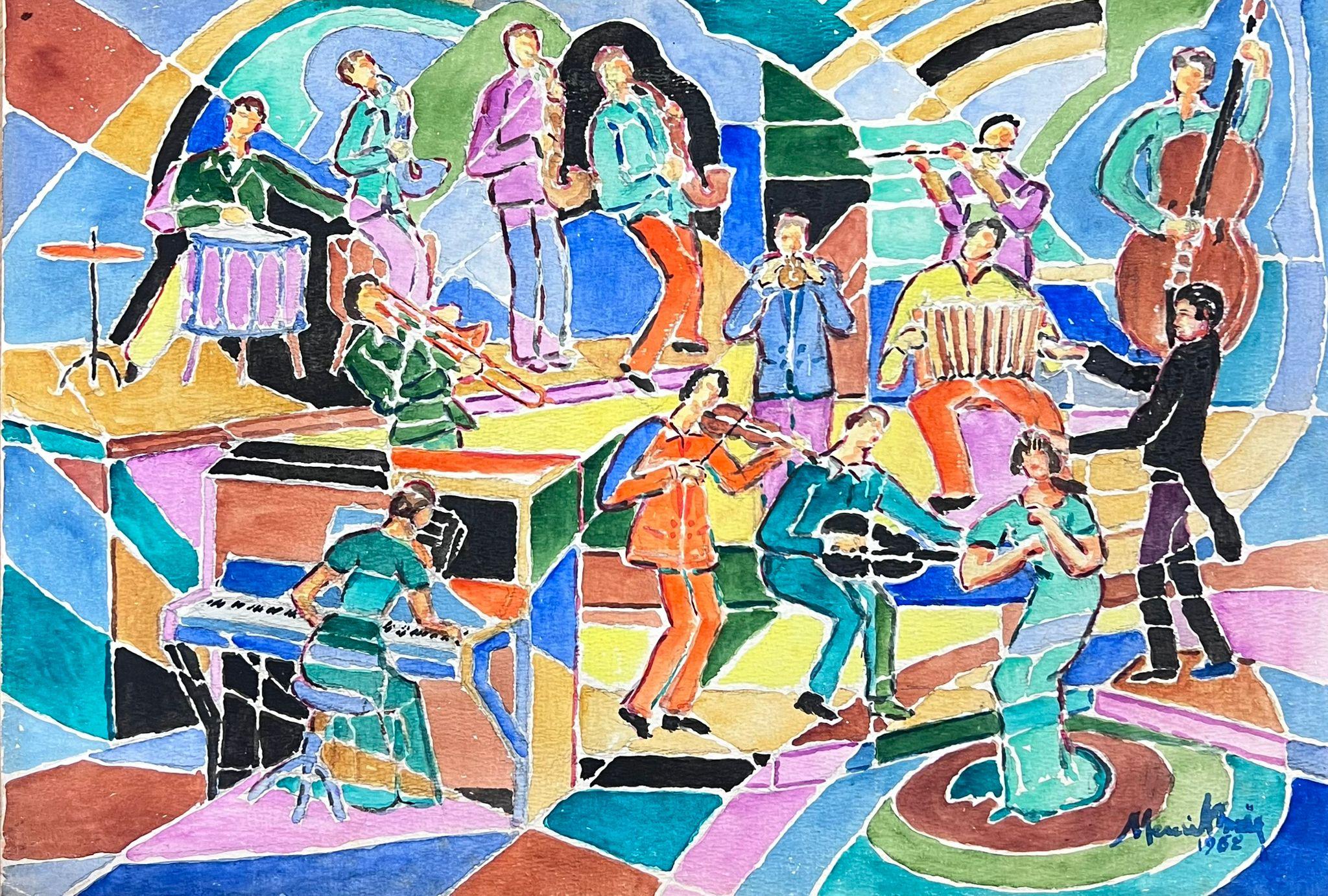 French 1960's Cubist Abstract Painting Musicians in Band Playing Colorful Image