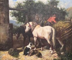 Farm Yard Animals Horse & Dogs with Young Boy Large Oil Painting on Canvas