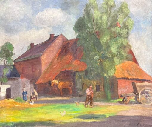 Large 1900-1930 French Post Impressionist Oil Farmyard Scene Figures