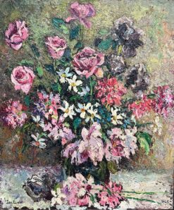 1940's French Post Impressionist Signed Oil Very Thick Impasto Pink Flowers