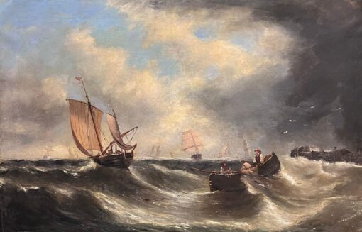 Antique 1800-1899 English Victorian Marine Oil Painting Boats Stormy Seas
