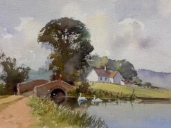 British Original Impressionist Watercolor Swans on Old English River Landscape