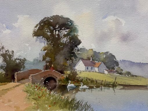 British Original Impressionist Watercolor Swans on Old English River Landscape