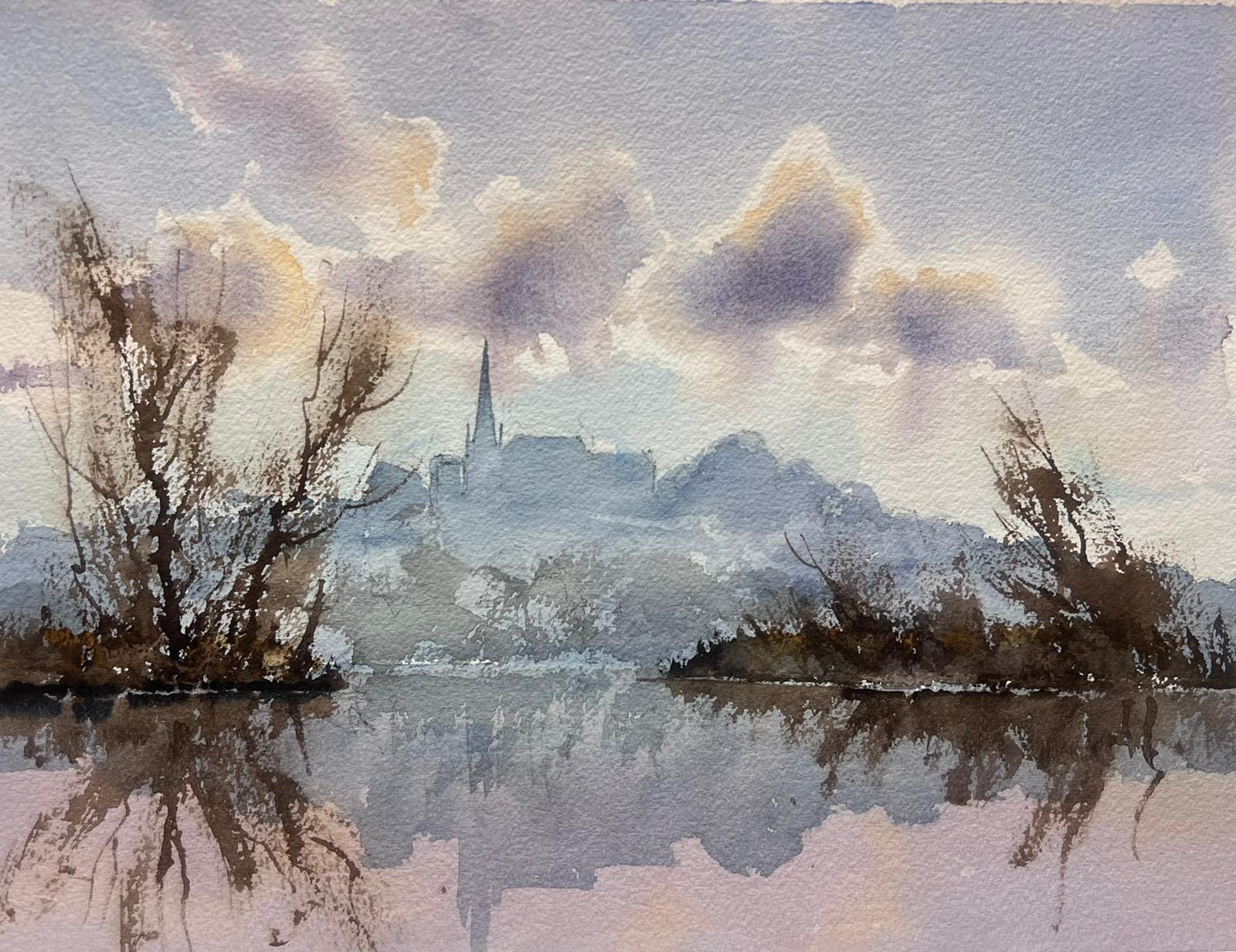 British Original Impressionist Watercolor Misty River Landscape Church Town View