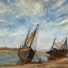 Mid Century French Impressionist Docked Boats with French Flag At The Harbour