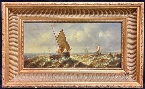 Dutch Fishing Boats in a Swell Seascape with Sailing Ships in Rough Waters