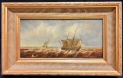 Dutch Fishing Boats in a Swell Seascape with Sailing Ships in Rough Waters