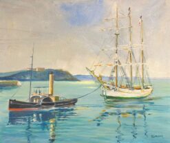1900-1999 French Oil Blue Maritime Scene of Steamship and Classic Yacht