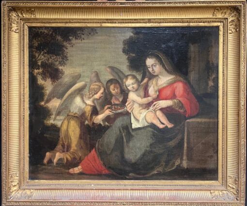 1700 - 1799 Painting Baroque Madonna & Child Attendant Angels Offering Gifts