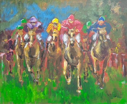 Bright Contemporary Oil Painting of Jockeys Horse Racing Flat Out Full Pace
