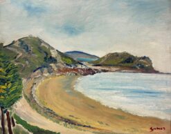 Curving Coastal Bay with Rocky Cliffs Sandy Shoreline Breezy Seaside Landscape