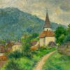 Quaint Village with Church Spire Verdant Hills Peaceful Countryside Setting