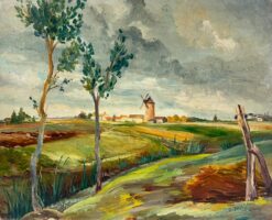 Countryside Landscape with Rolling Fields Charming Windmill Tranquil Rural Life