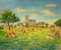 1940's French Impressionist Signed Oil Wheatsheaves in Village Harvest Field