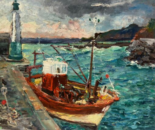 Vibrant Coastal Scene of a Fishing Boat Docked by a Lighthouse French Landscape