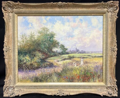 Ladies in Poppy Meadow Picking Wild Flowers Signed Impressionist Oil Painting