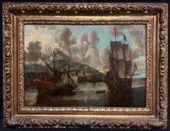 18th-Century Old Master Painting Harbor Scene with Tall Ships & Fortifications