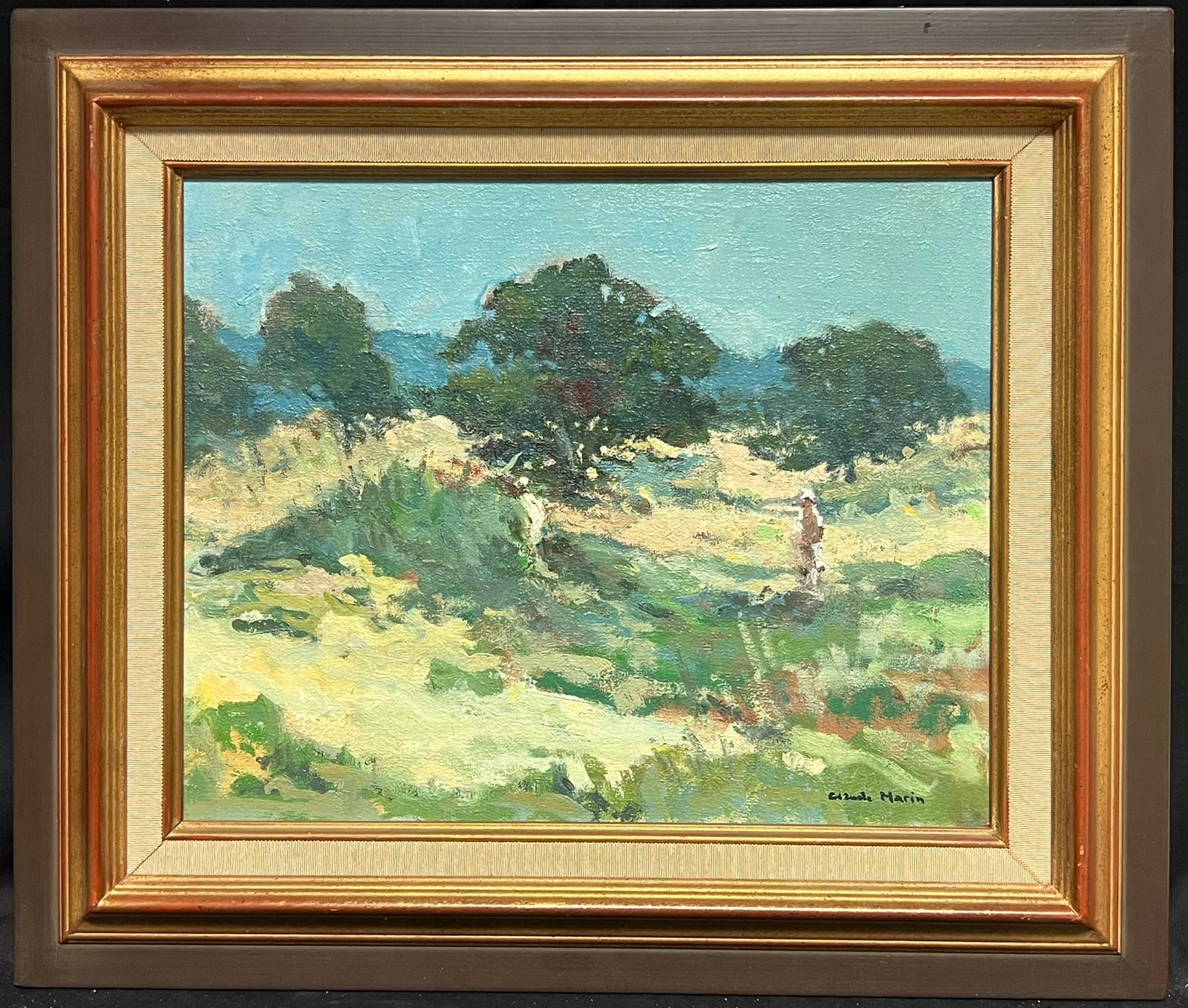 Bright Green Impressionist Landscape with Figure in Dunes Mid 1900-1999