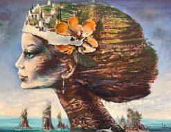1900-1999 French Surrealist Portrait of Woman with Landscape Hair signed oil