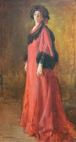 Elegant Early 20th-Century French Portrait of a Woman in Red Gown signed oil