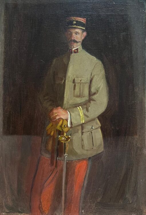 Early 20th-Century Portrait of French Military Officer in Uniform antique oil