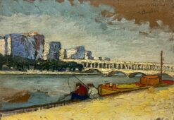 Vintage French Post Impressionist Oil Painting Anglers on River Bank French City