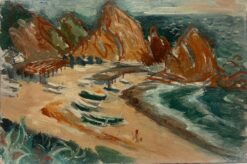 Vintage French Post Impressionist Oil Painting Ibiza Rocky Coastline Beach 1954