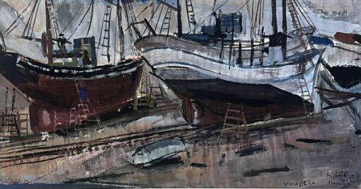 French Post Impressionist Oil Maritime Scene with Docked Fishing Boats