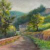 Countryside Path with Cottage and Lush Foliage Soft Pastel Landscape