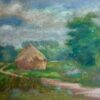 Pastoral Landscape with Haystack and Winding Path Tranquil Pastel Painting