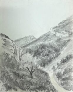 Mountainous Landscape with Winding Path Atmospheric Black & White Drawing