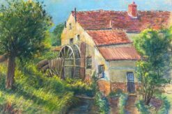 Charming Watermill Scene with Lush Foliage Vibrant Pastel Landscape