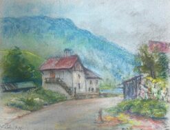 Charming Village Road Leading to a Rustic House with Red Roof and Stone Walls