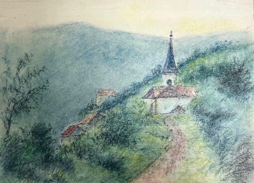 Pathway Leading to a Quaint Village Church in the Rolling Hills Countryside