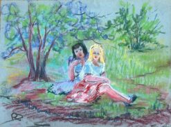 Mid 1900-1999 Charming Pastel Drawing of Two Women in a Serene Park Setting
