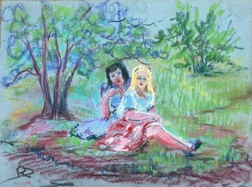 Mid 1900-1999 Charming Pastel Drawing of Two Women in a Serene Park Setting